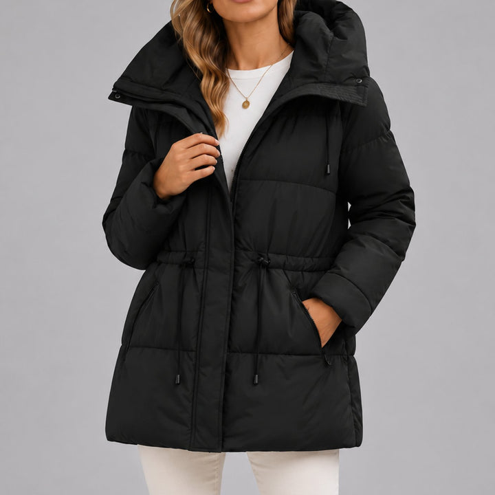 Women's Hooded Drawstring-Waist Quilted Puffer Jacket - Black