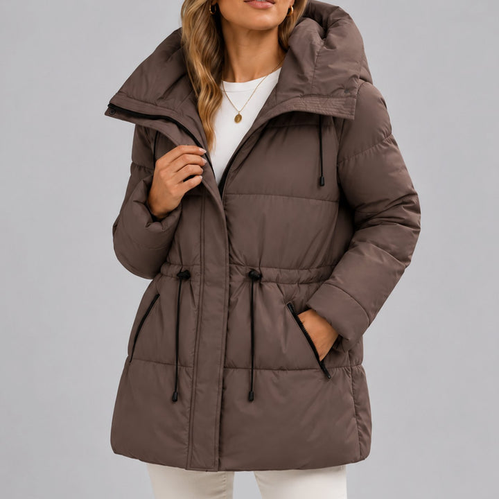 Women's Hooded Drawstring-Waist Quilted Puffer Jacket - Brown