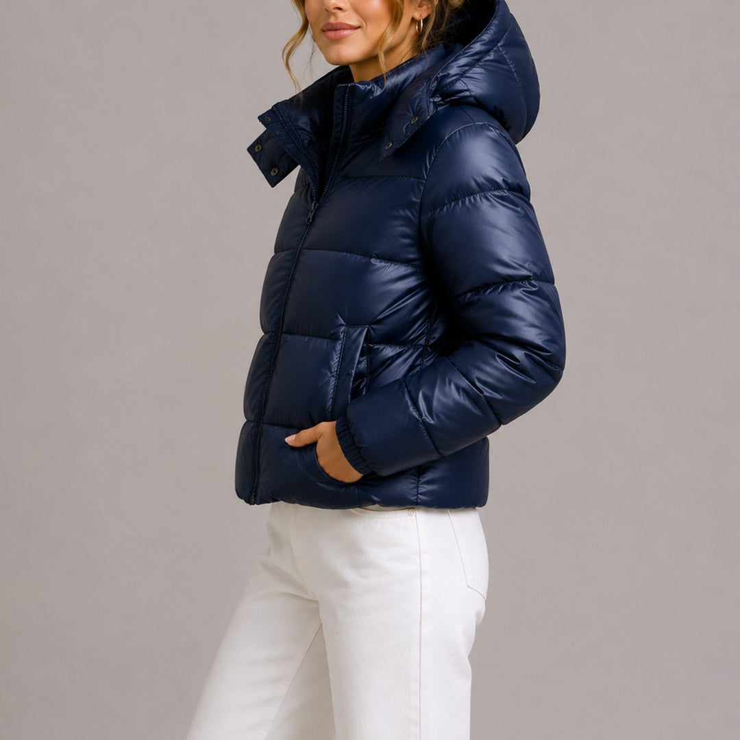 Women's Hooded Glossy Quilted Puffer Jacket - Navy