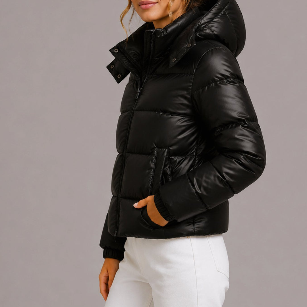 Women's Hooded Glossy Quilted Puffer Jacket - Black