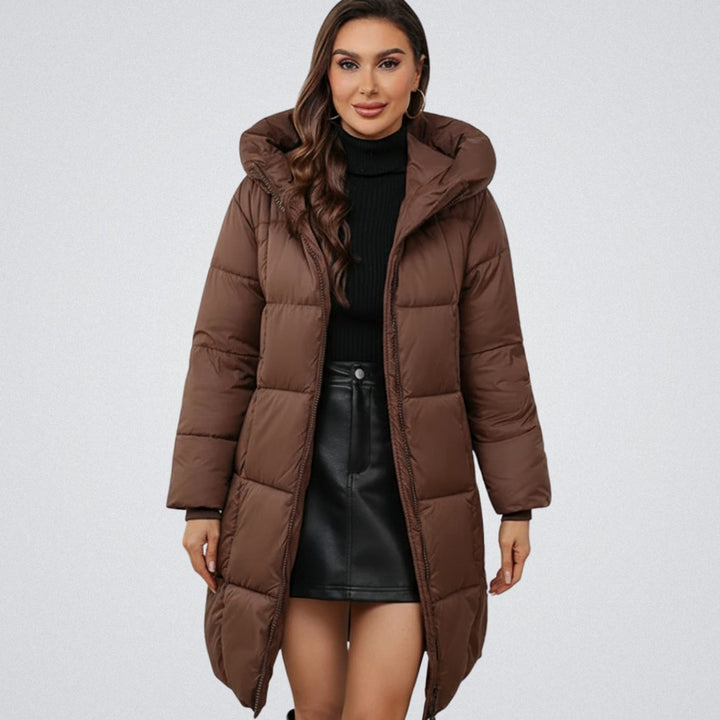 Women's Hooded Longline Insulated Puffer Jacket - Brown