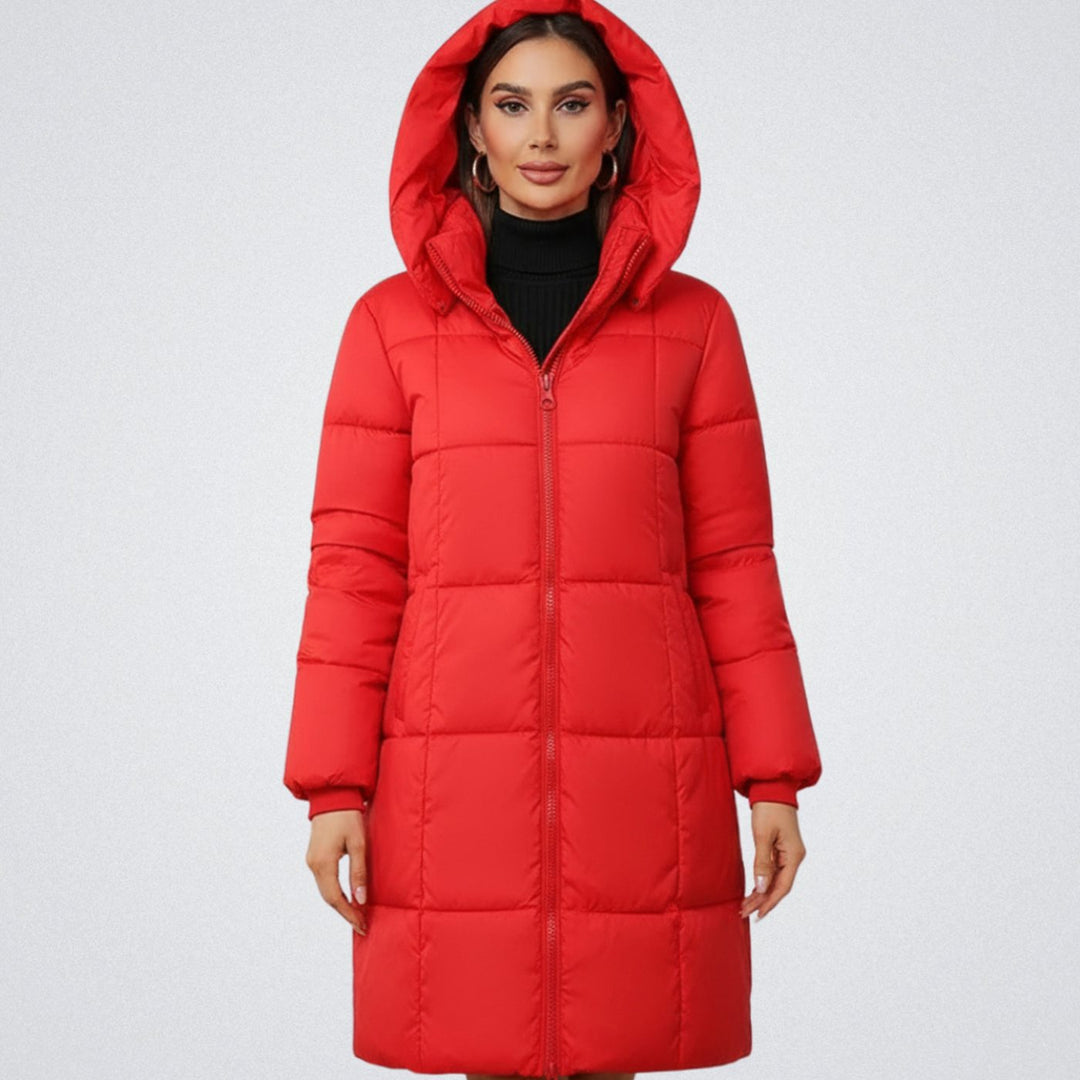 Women's Hooded Longline Insulated Puffer Jacket - Red