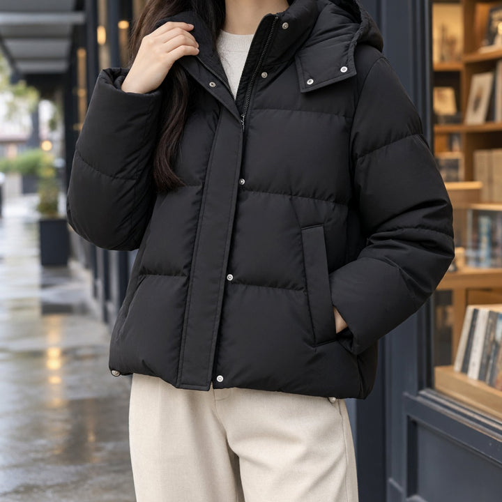 Women's Hooded Quilted Down Puffer Jacket Loose Fit - Classic Black