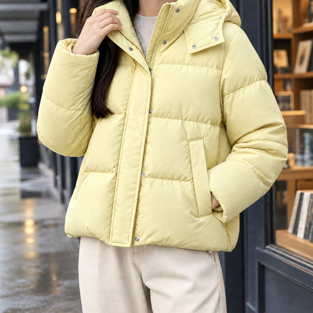 Women's Hooded Quilted Down Puffer Jacket Loose Fit - Creamy Yellow