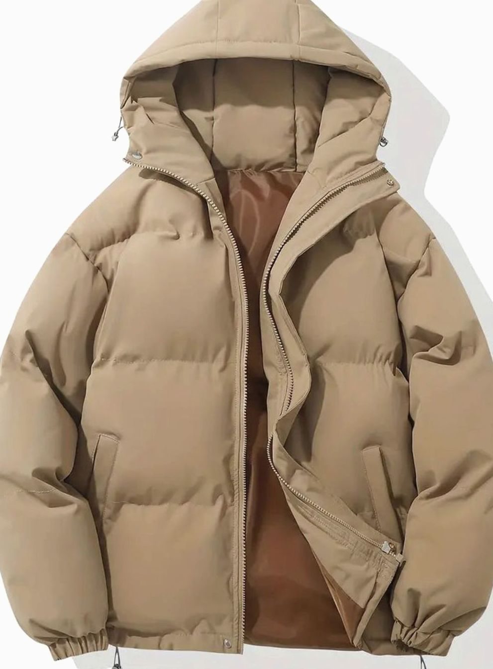 Women's Hooded Quilted Puffer Jacket Zip-Up Drawstring Hem - Khaki