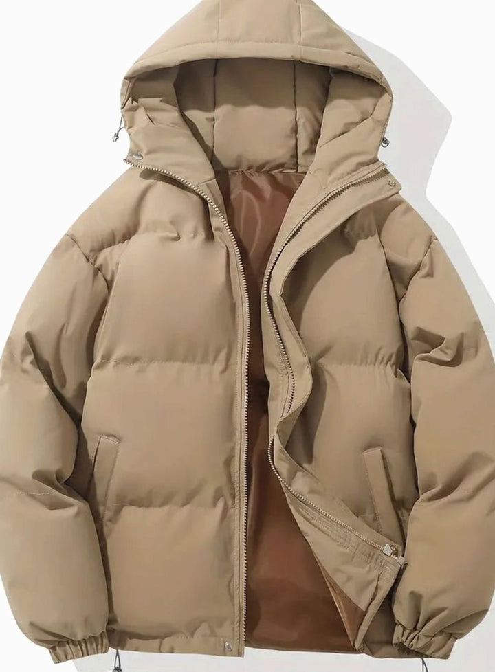 Women's Hooded Quilted Puffer Jacket Zip-Up Drawstring Hem - Khaki