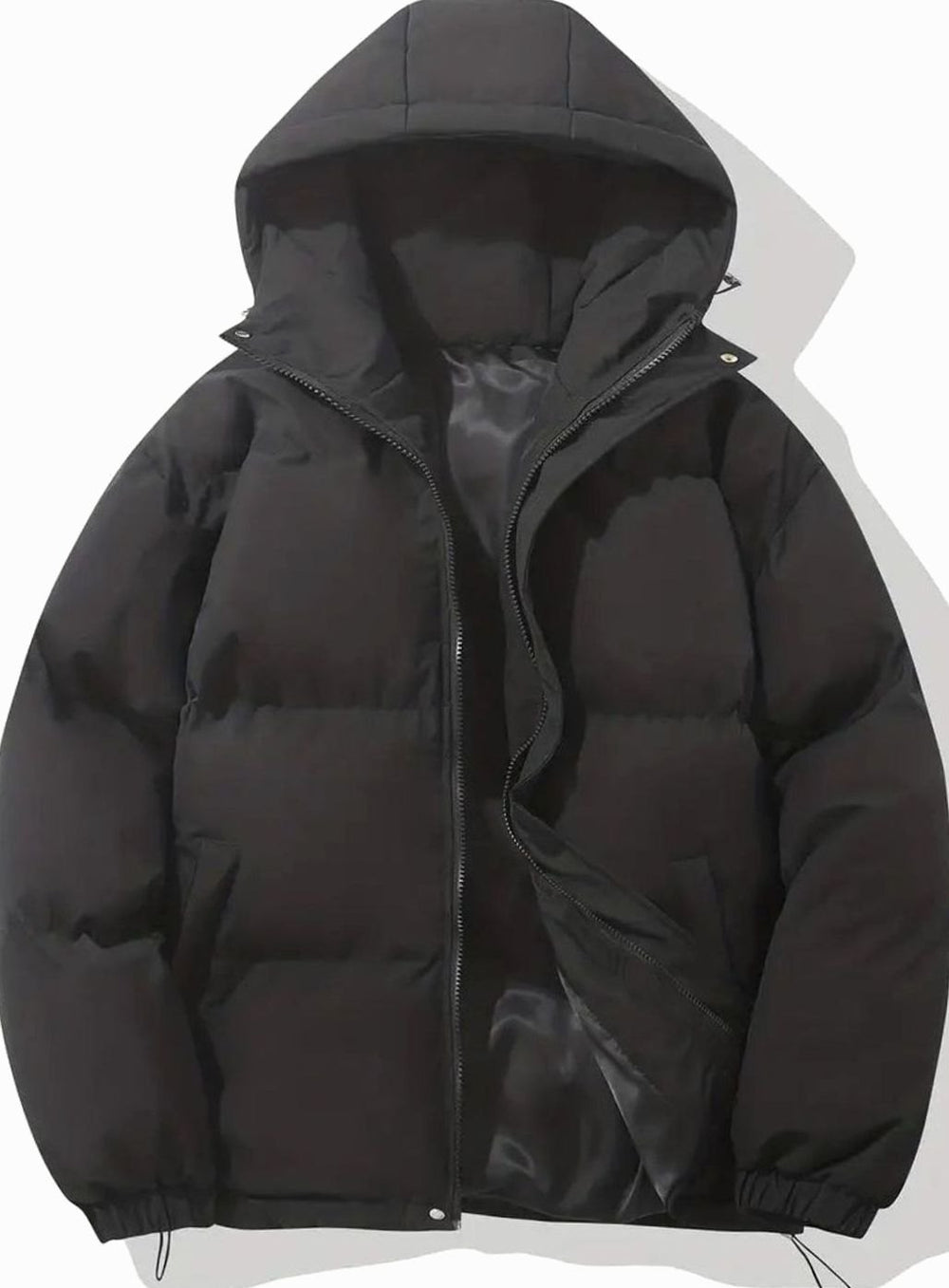 Women's Hooded Quilted Puffer Jacket Zip-Up Drawstring Hem - Black