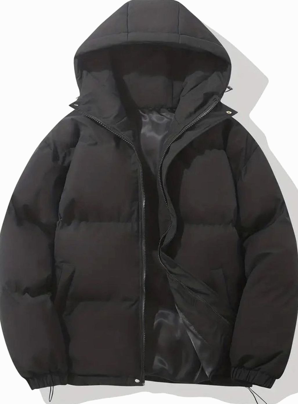 Women's Hooded Quilted Puffer Jacket Zip-Up Drawstring Hem - Black