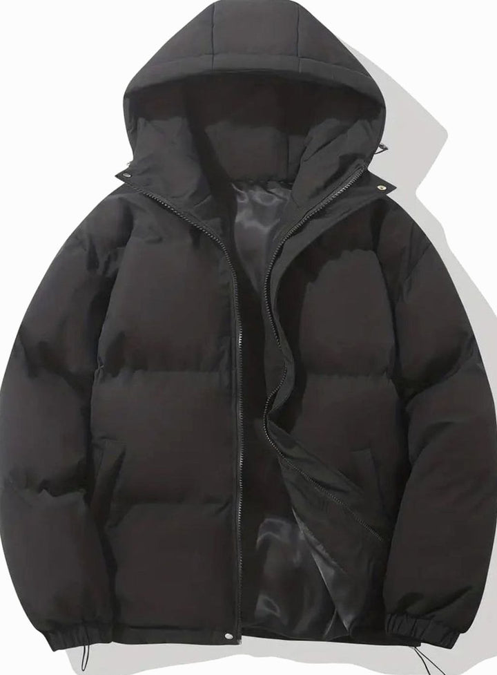 Women's Hooded Quilted Puffer Jacket Zip-Up Drawstring Hem - Black