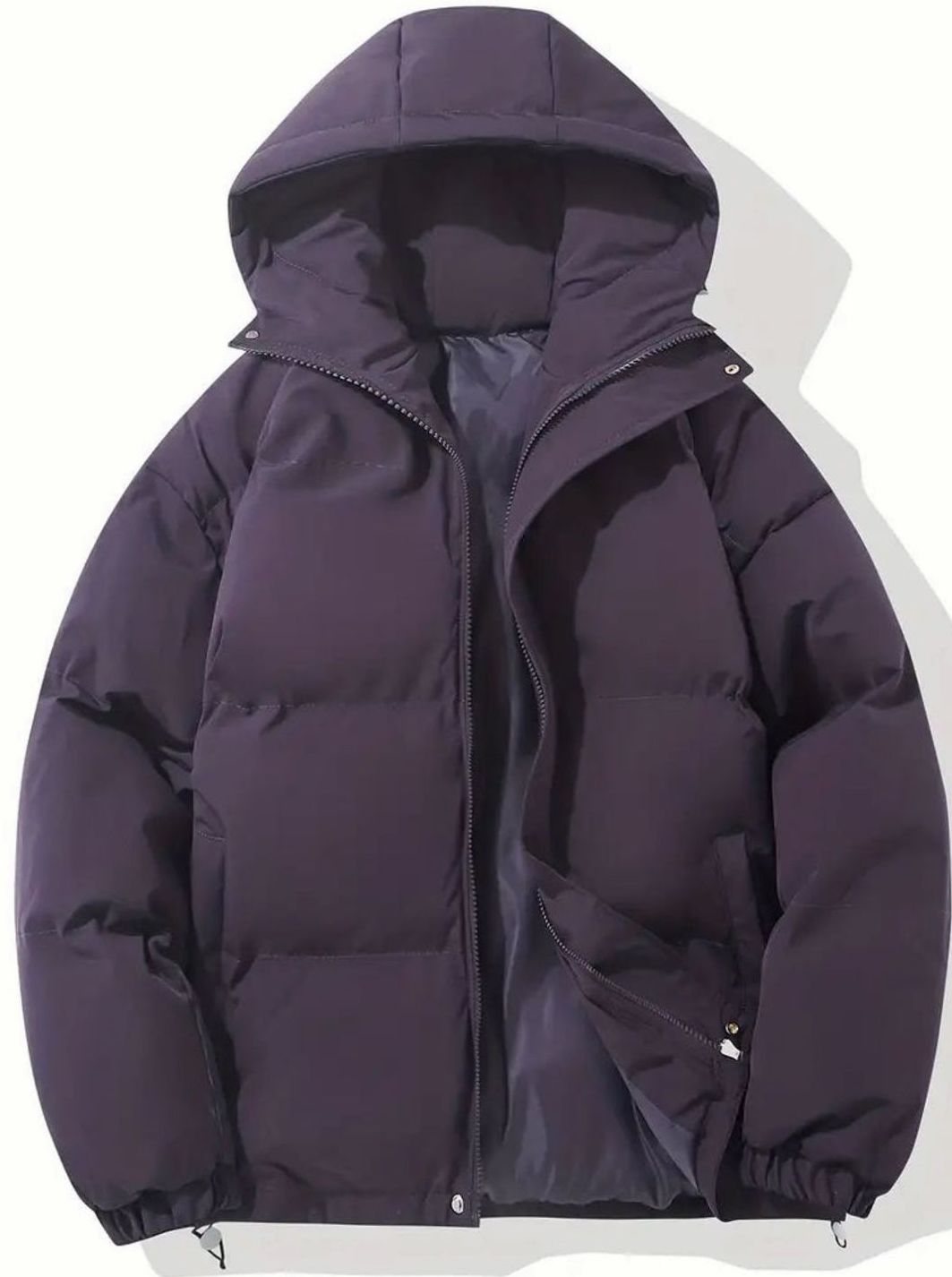 Women's Hooded Quilted Puffer Jacket Zip-Up Drawstring Hem - Purple