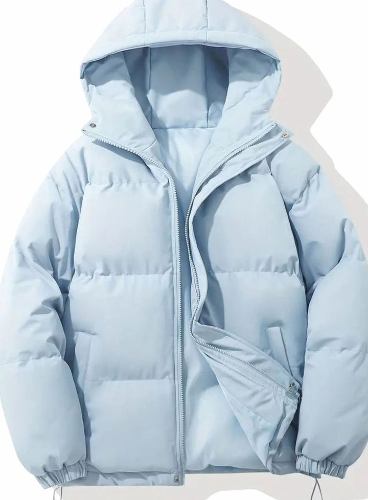 Women's Hooded Quilted Puffer Jacket Zip-Up Drawstring Hem - Light Blue