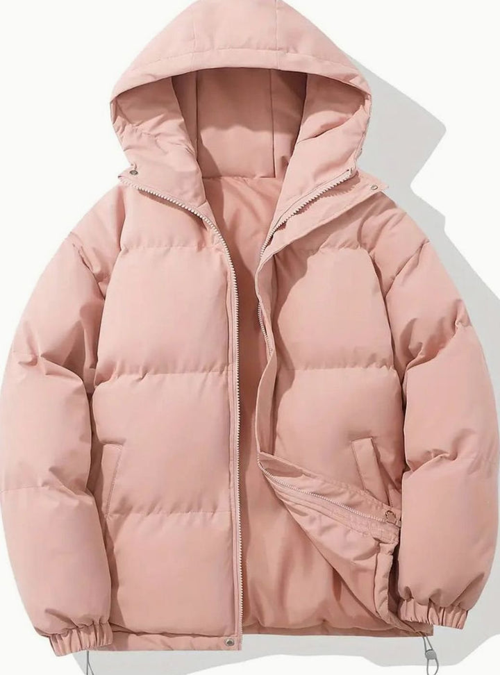 Women's Hooded Quilted Puffer Jacket Zip-Up Drawstring Hem - Pink
