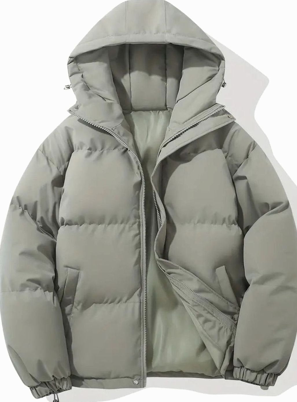 Women's Hooded Quilted Puffer Jacket Zip-Up Drawstring Hem - Gray