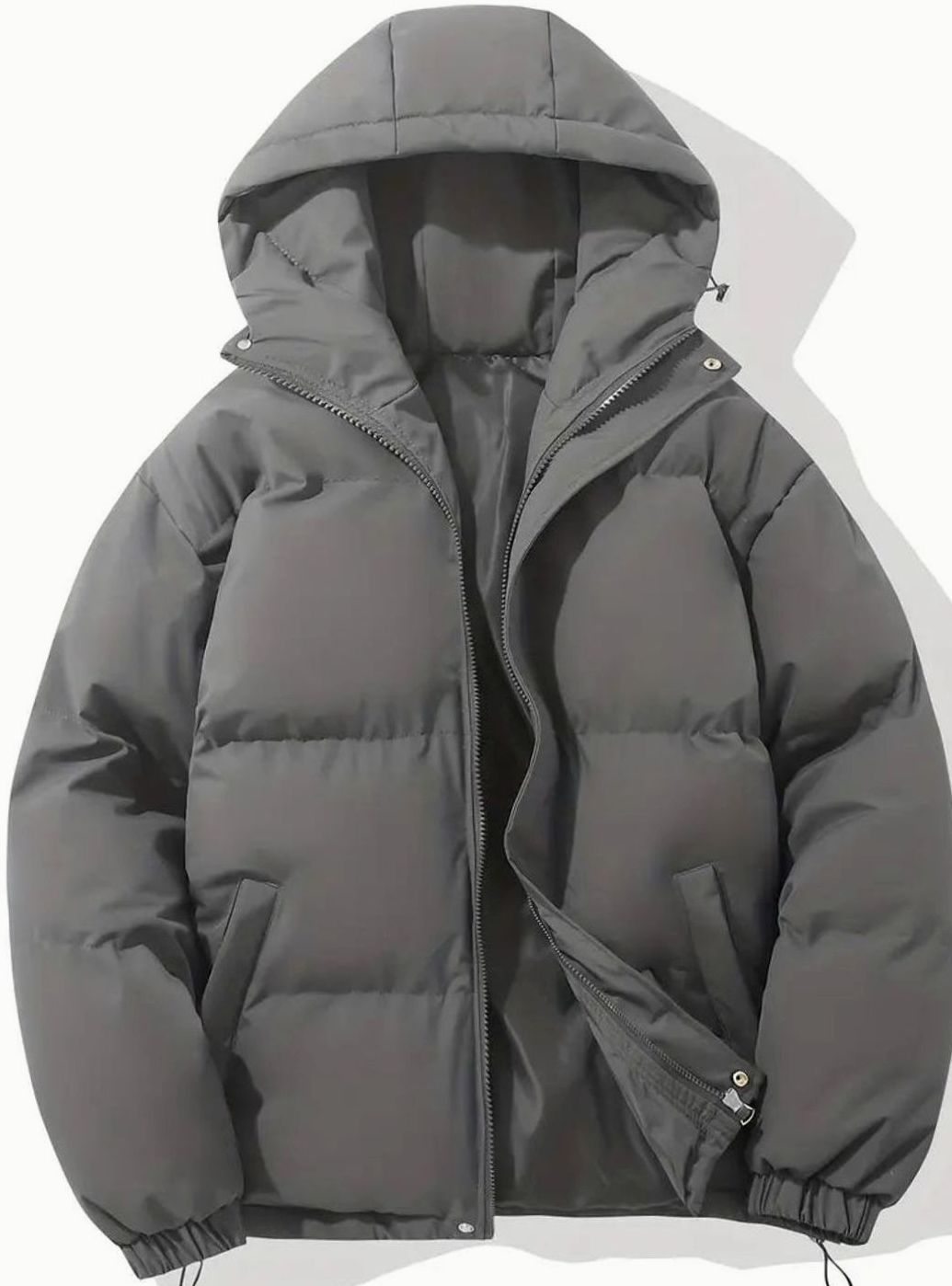 Women's Hooded Quilted Puffer Jacket Zip-Up Drawstring Hem - Dark Gray