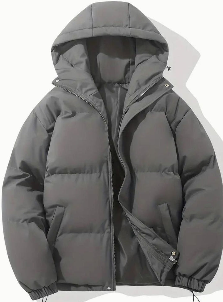 Women's Hooded Quilted Puffer Jacket Zip-Up Drawstring Hem - Dark Gray