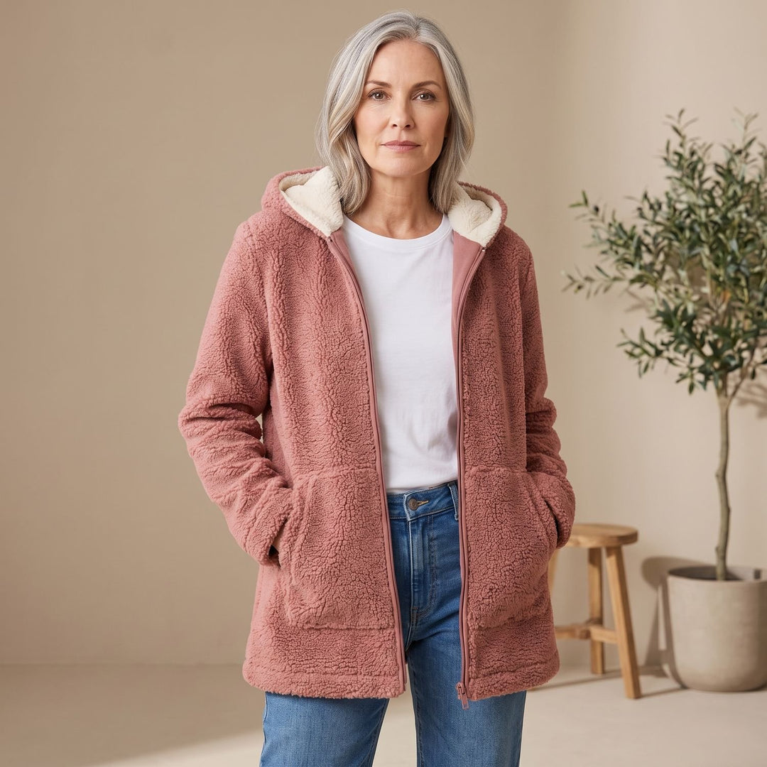 Women's Hooded Sherpa Zip-Up Winter Coat - Pink