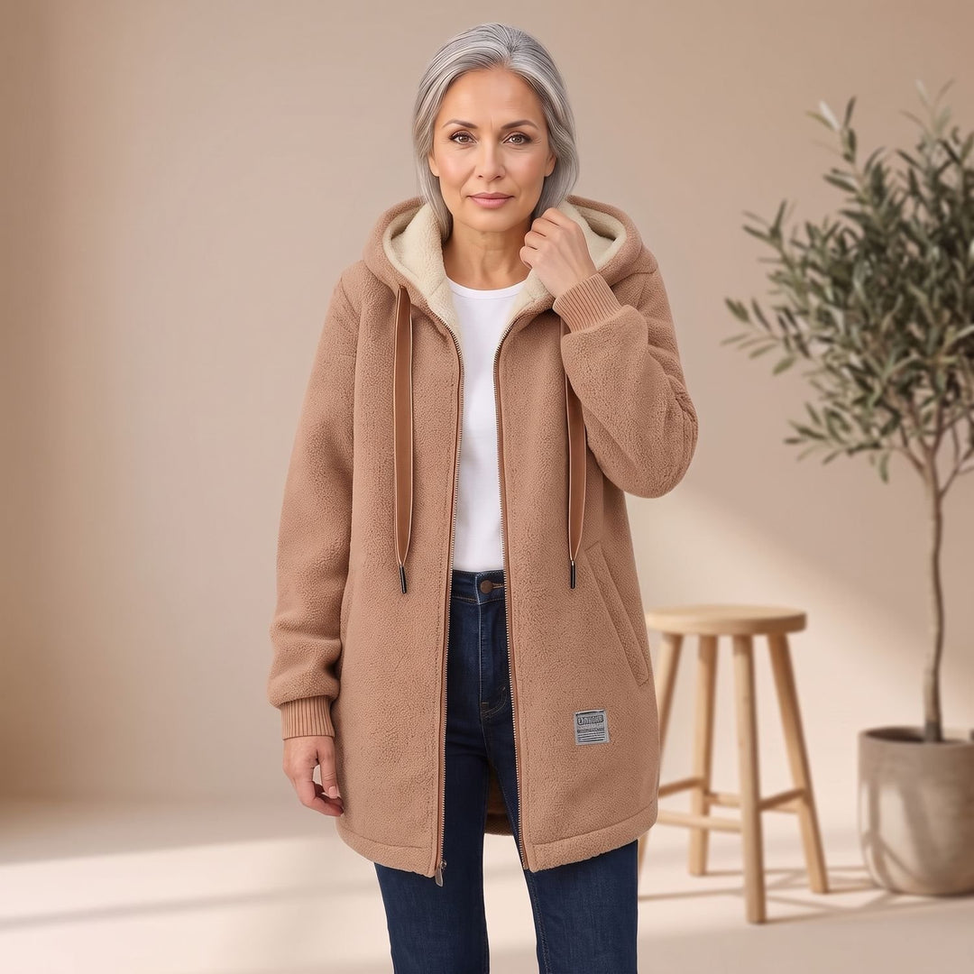Women's Hooded Sherpa Zip-Up Winter Coat - Brown