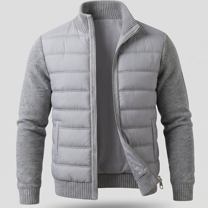 Women's Hybrid Quilted Jacket Fleece Sleeves Full-Zip Puffer - Dark Gray