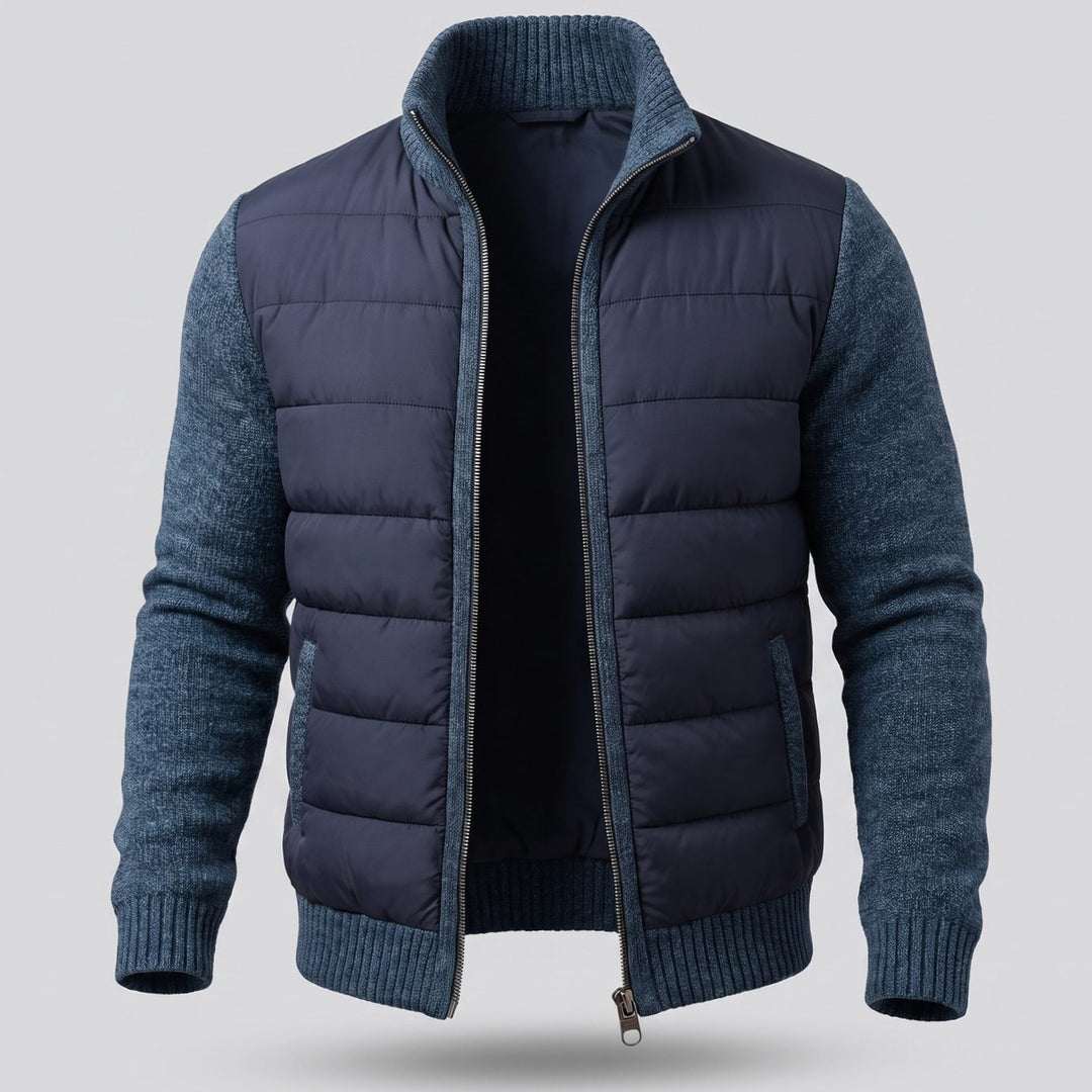 Women's Hybrid Quilted Jacket Fleece Sleeves Full-Zip Puffer - Navy Blue