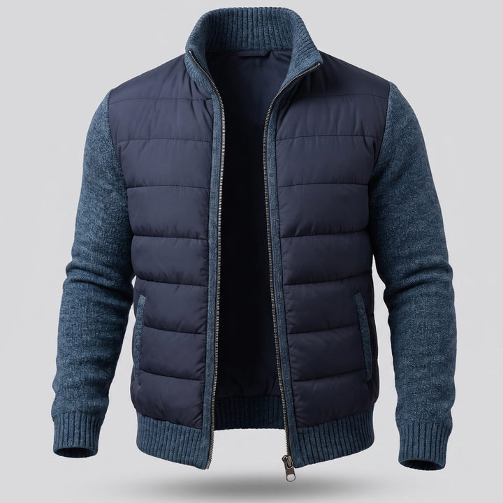Women's Hybrid Quilted Jacket Fleece Sleeves Full-Zip Puffer - Navy Blue