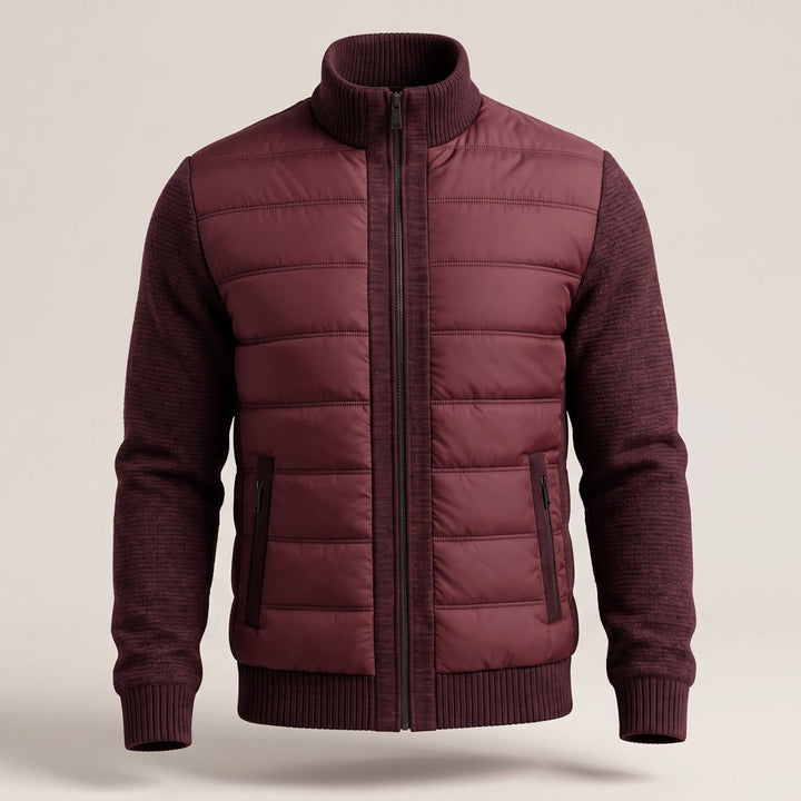 Women's Hybrid Quilted Jacket Fleece Sleeves Full-Zip Puffer - Burgundy