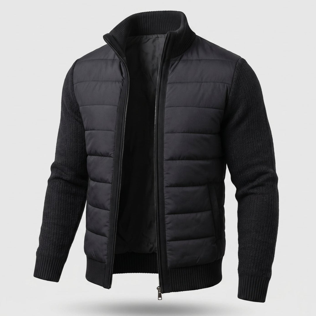 Women's Hybrid Quilted Jacket Fleece Sleeves Full-Zip Puffer - Black