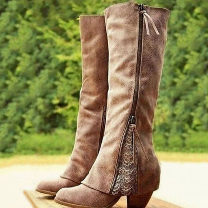 Women's Knee High Block Heel Boots Lace Detail Side Zip - Brown
