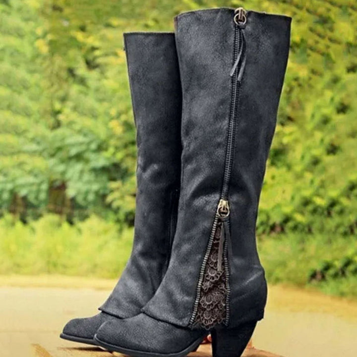 Women's Knee High Block Heel Boots Lace Detail Side Zip - Black
