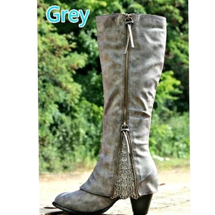 Women's Knee High Block Heel Boots Lace Detail Side Zip - Grey