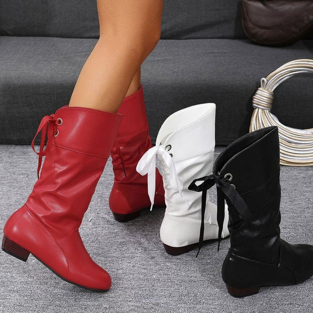 Women's Knee High Boots Ruched Faux Leather Back-Lace Low Block Heel