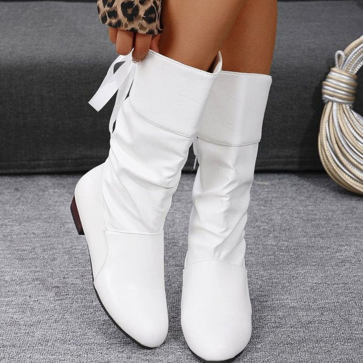 Women's Knee High Boots Ruched Faux Leather Back-Lace Low Block Heel