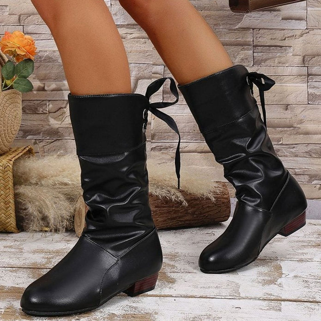 Women's Knee High Boots Ruched Faux Leather Back-Lace Low Block Heel