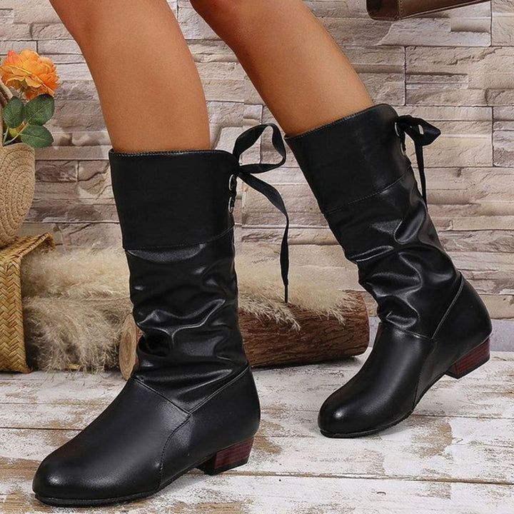Women's Knee High Boots Ruched Faux Leather Back-Lace Low Block Heel