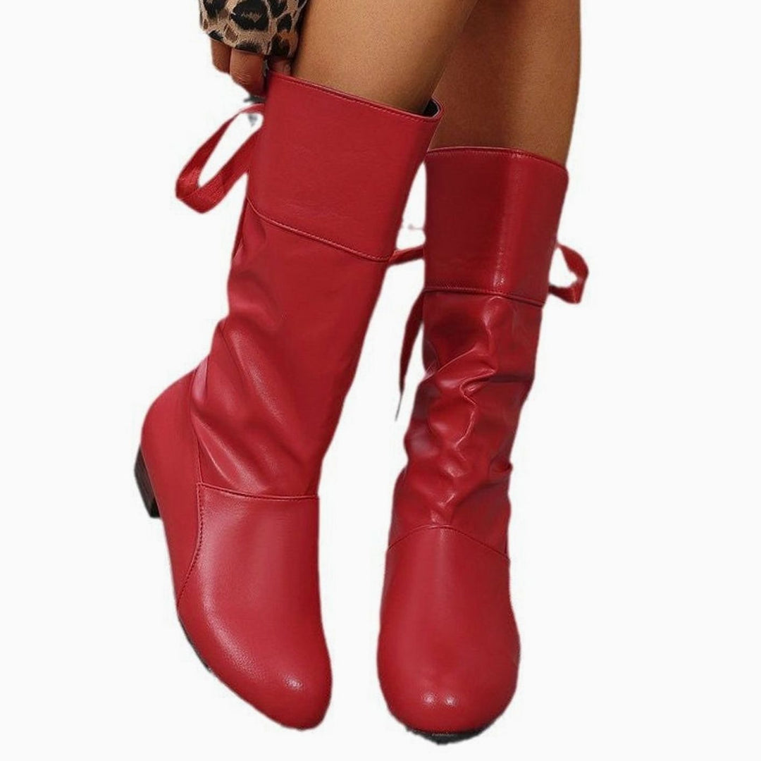 Women's Knee High Boots Ruched Faux Leather Back-Lace Low Block Heel