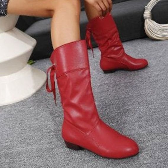 Women's Knee High Boots Ruched Faux Leather Back-Lace Low Block Heel - Red