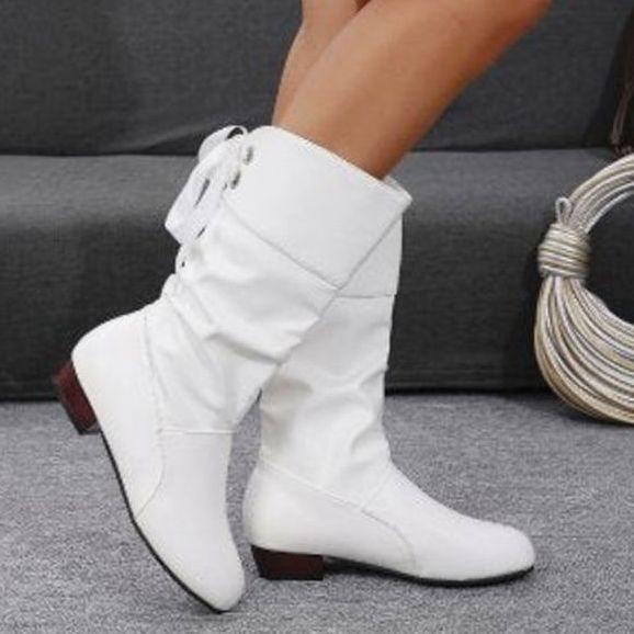 Women's Knee High Boots Ruched Faux Leather Back-Lace Low Block Heel - White
