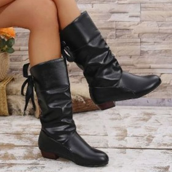Women's Knee High Boots Ruched Faux Leather Back-Lace Low Block Heel - Black