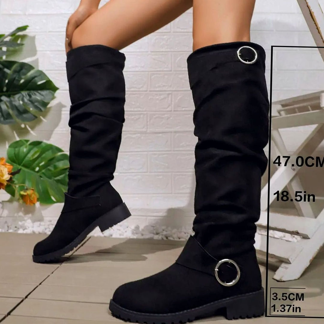 Women's Knee High Boots Slouchy Buckle-Detail Low-Heel Riding Boots - Black
