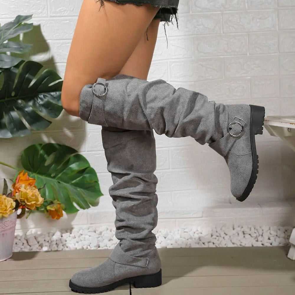Women's Knee High Boots Slouchy Buckle-Detail Low-Heel Riding Boots - Light Grey