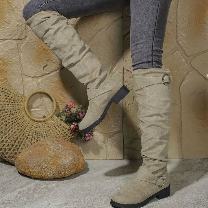 Women's Knee High Boots Slouchy Buckle-Detail Low-Heel Riding Boots - Khaki