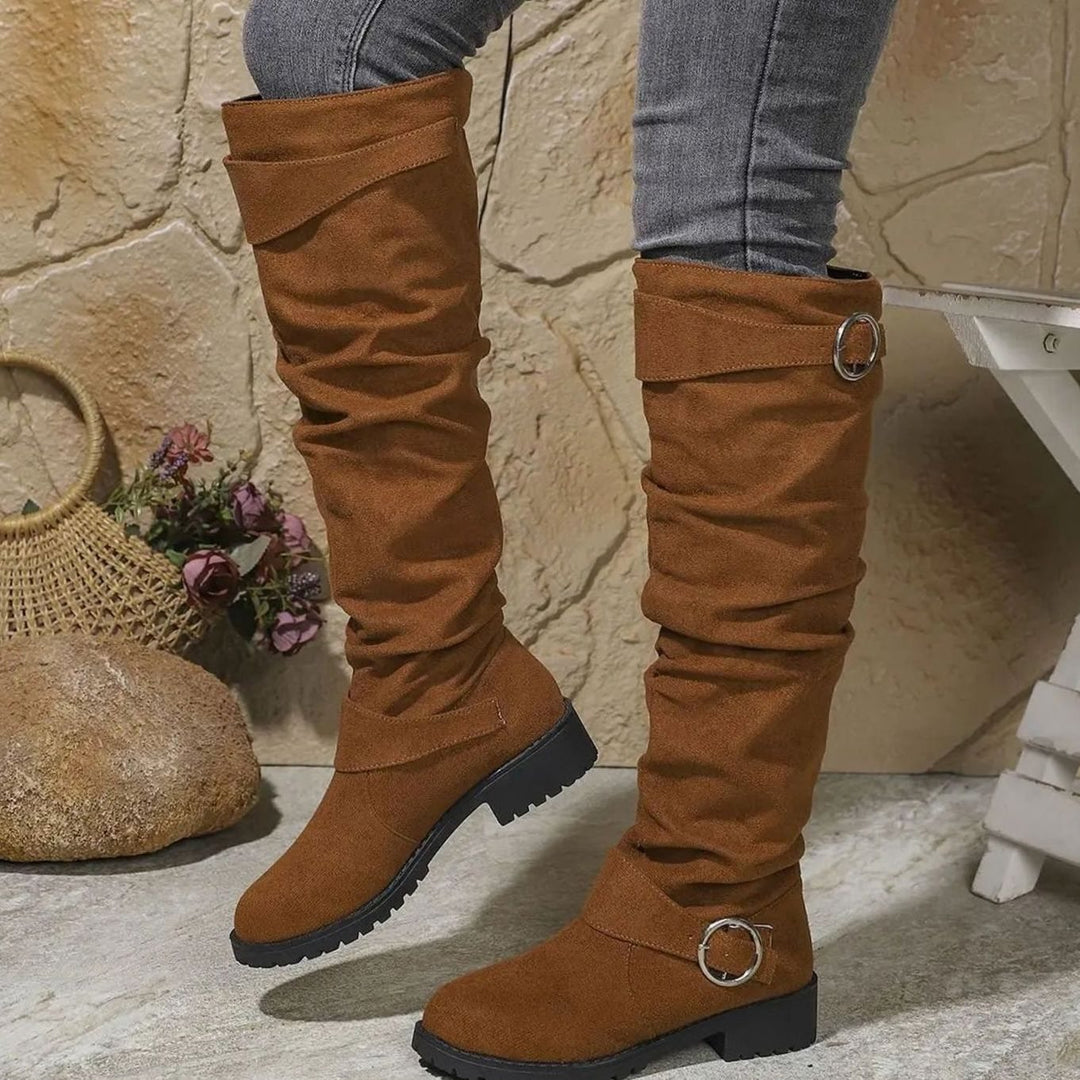 Women's Knee High Boots Slouchy Buckle-Detail Low-Heel Riding Boots - Light Brown