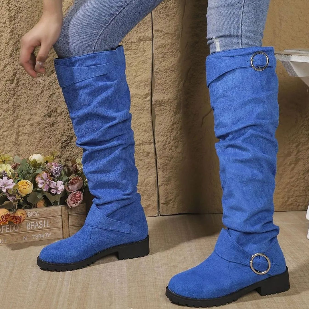 Women's Knee High Boots Slouchy Buckle-Detail Low-Heel Riding Boots - Blue