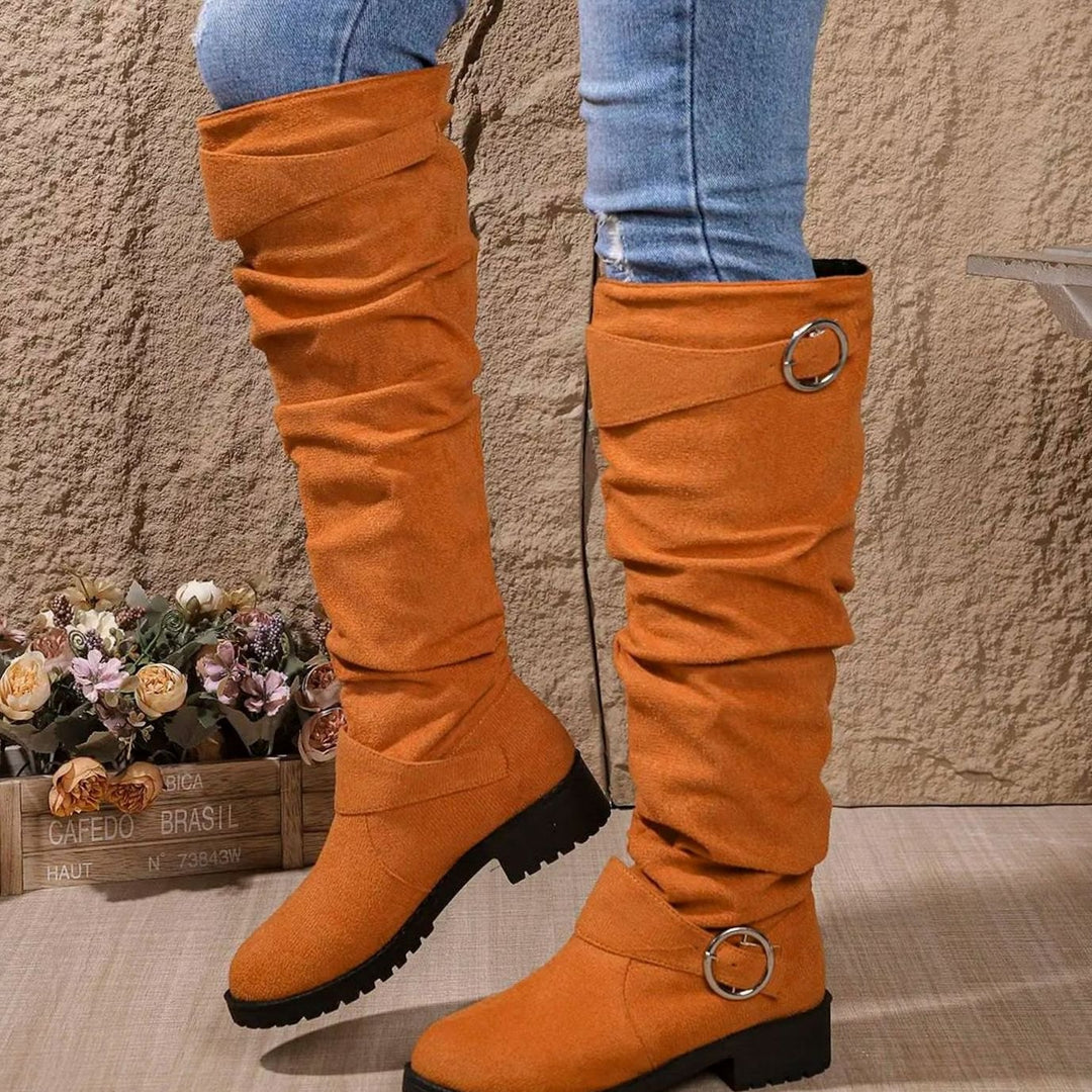 Women's Knee High Boots Slouchy Buckle-Detail Low-Heel Riding Boots - Orange