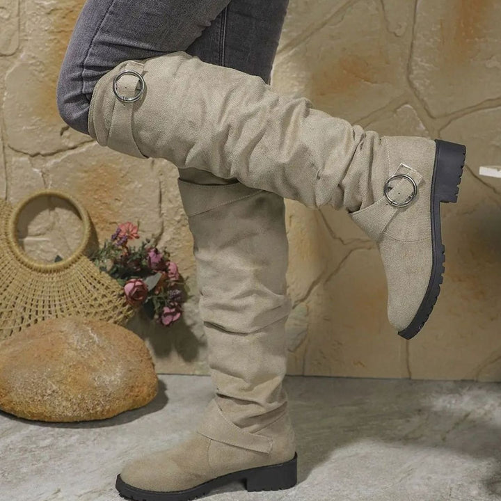 Women's Knee High Boots Slouchy Buckle-Detail Low-Heel Riding Boots
