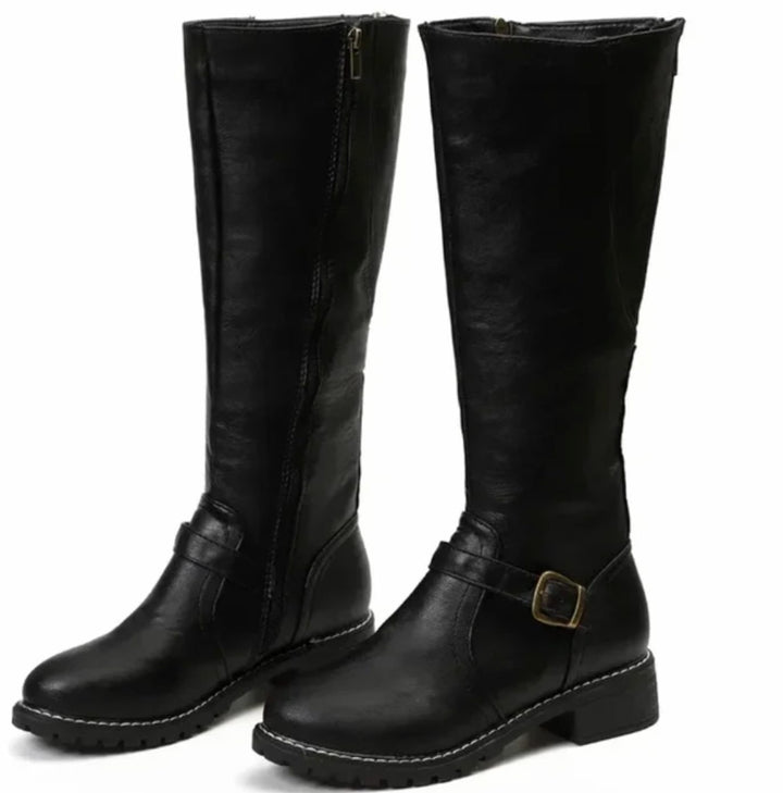 Women's Knee-High Buckle Strap Block Heel Riding Boots