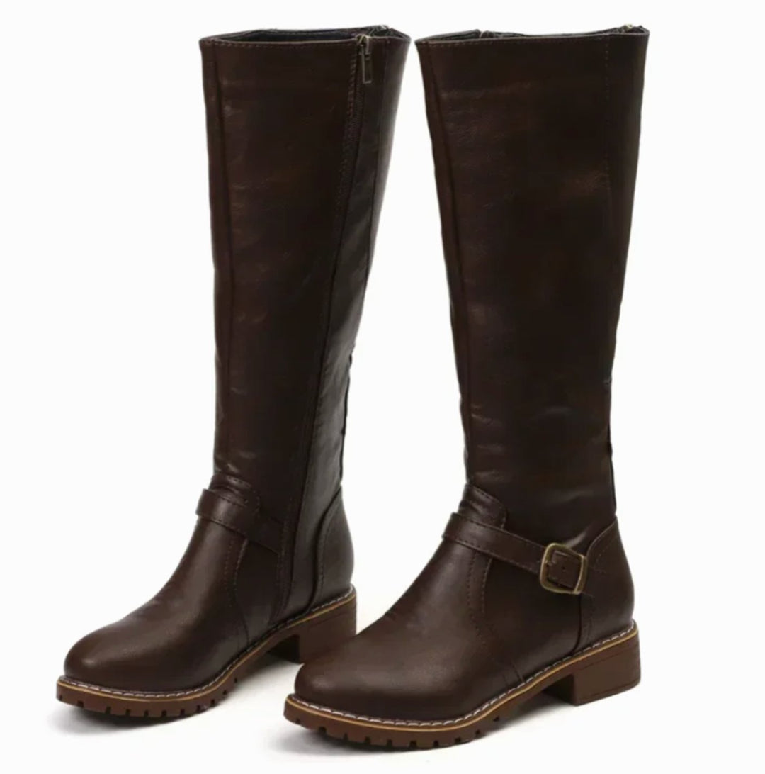 Women's Knee-High Buckle Strap Block Heel Riding Boots