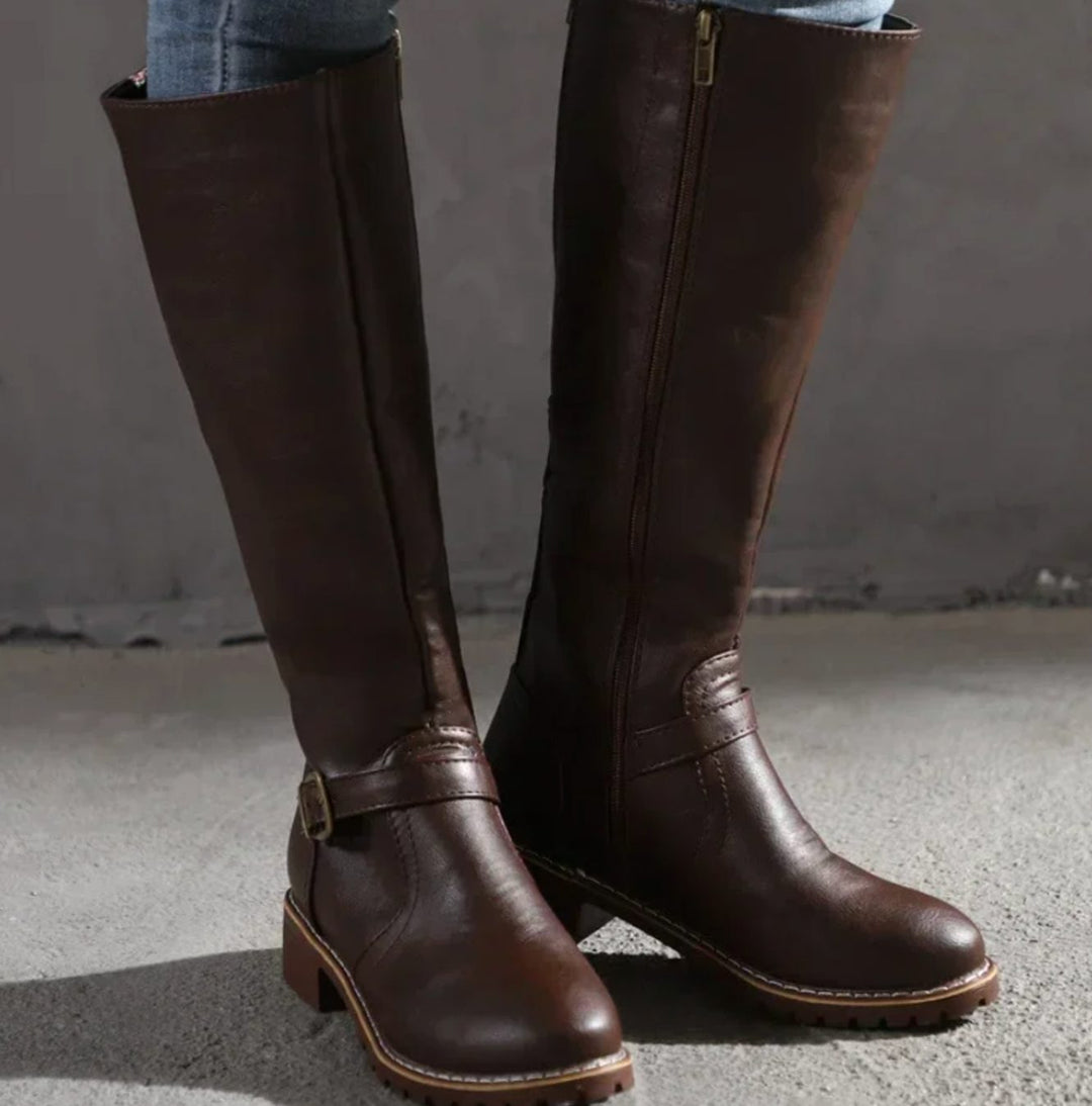 Women's Knee-High Buckle Strap Block Heel Riding Boots - Dark Brown