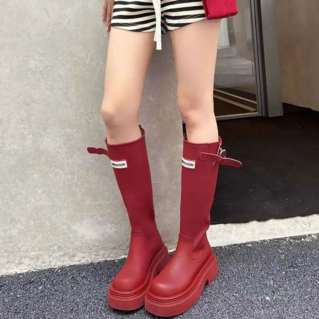 Women's Knee High Chunky Lug Sole Waterproof Rain Boots - Red