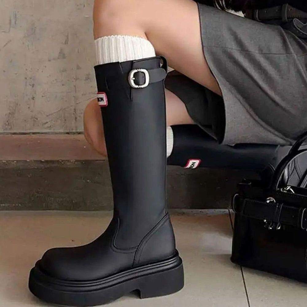 Women's Knee High Chunky Lug Sole Waterproof Rain Boots - Black