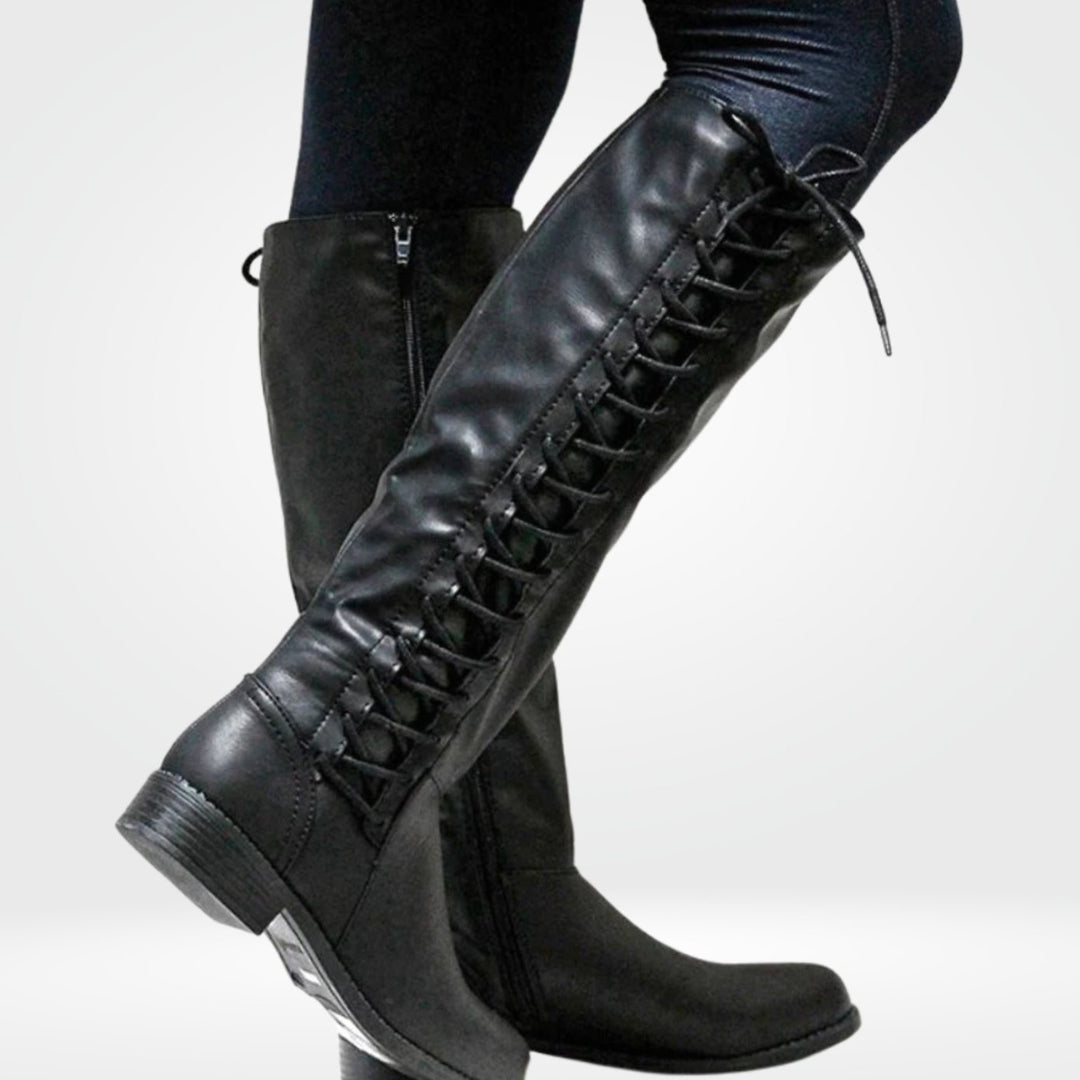 Women's Knee High Lace-Up Back Zipper Riding Boots - Black